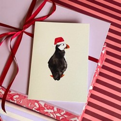 Puffin with santa hat | Greeting card with envelope