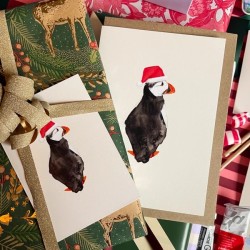 Puffin with santa hat | Greeting card with envelope