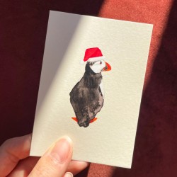 Puffin with santa hat | Small greeting card