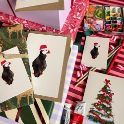 Puffin with santa hat | Small greeting card