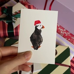 Puffin with santa hat | Small greeting card