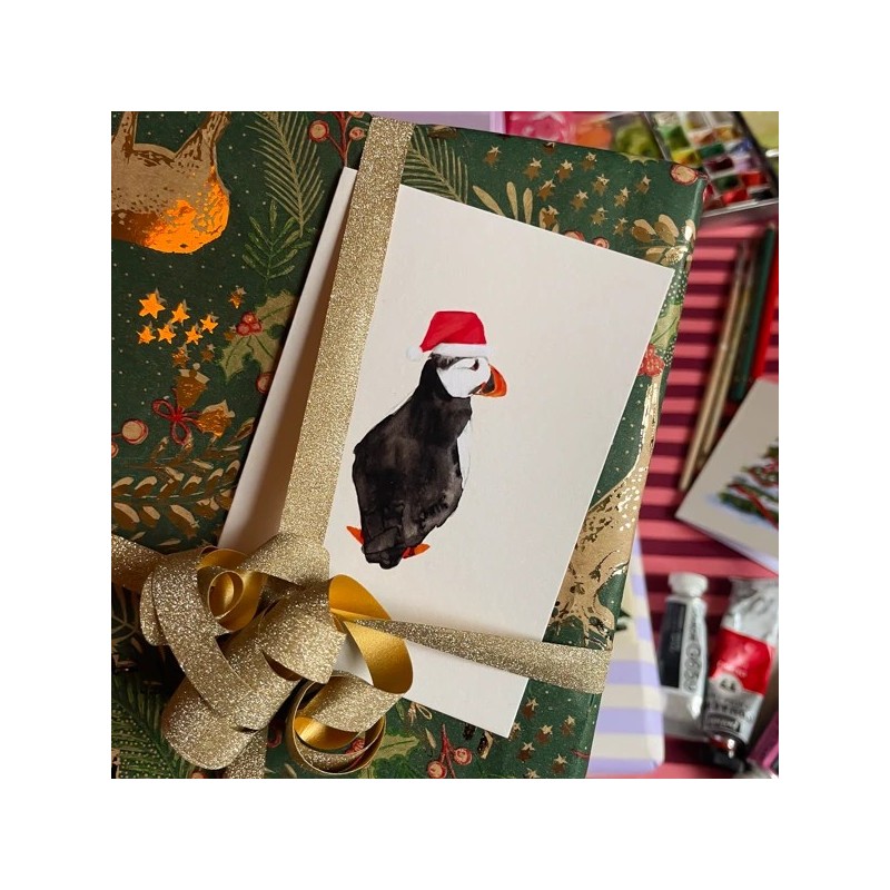 Puffin with santa hat | Small greeting card